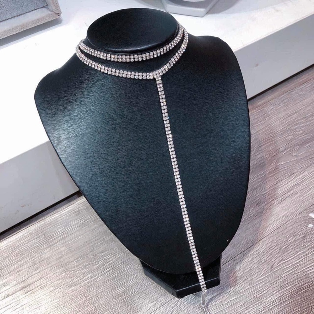 Rhinestone Necktie Choker and Long Tassel Necklace